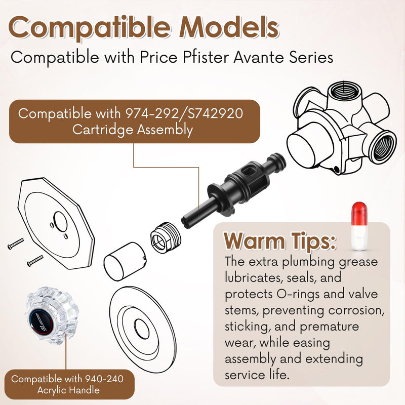 Shower Cartridge and Handle Replacement, Compatible with 9742920 S742920 and 940-240, Compatible with Pfister Avante Series Single Handle Lavatory, Tub and Shower Faucets(Plastic Stem) Plastic Stem