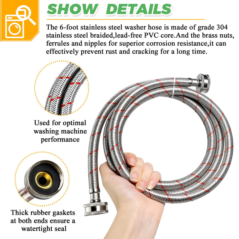 6Ft Stainless Steel Washing Machine Hoses- Burst Proof Washer Supply Lines 6Ft Washer Hoses Universal for All Washer Water Supply Lines by Techecook- 2Pcs Hot and Cold Water lines- 10 Years Guarantee