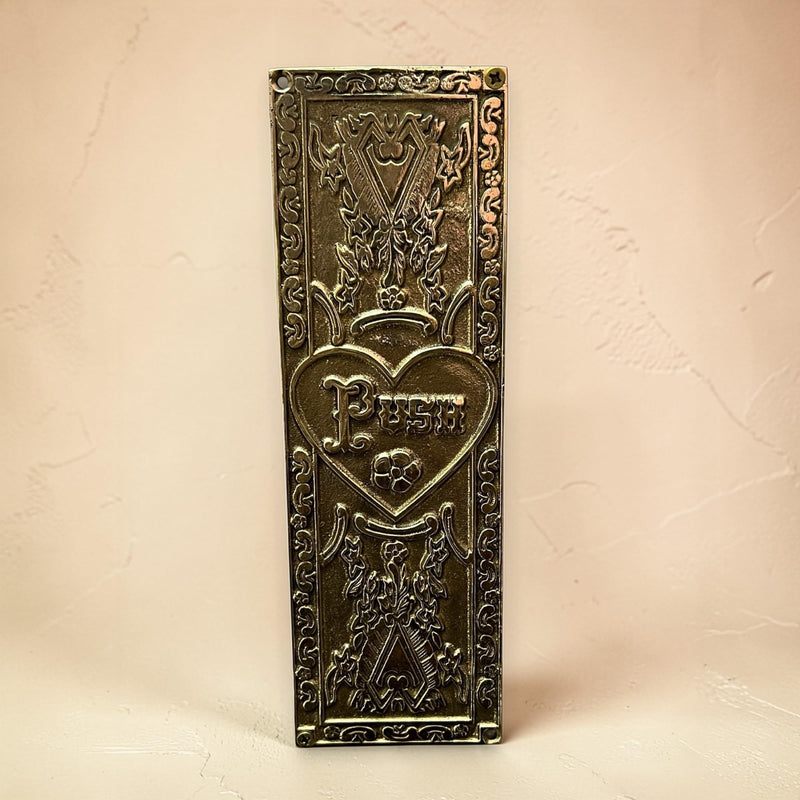 Decorative Brass Door Push Plate with Ornate Heart and Floral Engraved Design