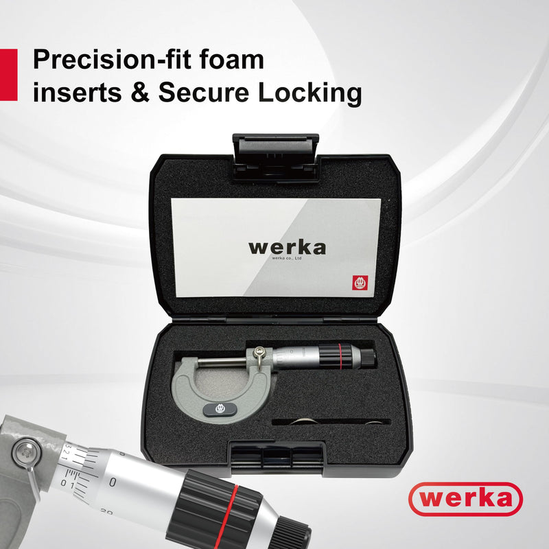 Werka Professional Outside Micrometer, 0-1 Inch Range with 0.0001 Inch Graduations, Precision Measurement Tool with Ratchet Stop, Storage Case Included