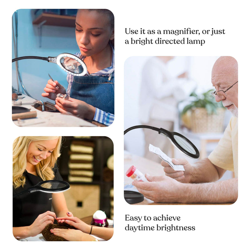 Brightech LightView Flex Magnifying Desk Lamp, 1.75X Light Magnifier, Adjustable Magnifying Glass with Light for Crafts, Reading, Close Work Black