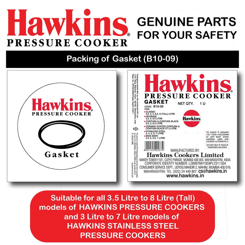 Hawkins Gasket for 3.5 to 8-Liter Pressure Cooker Sealing Ring, Medium, Black