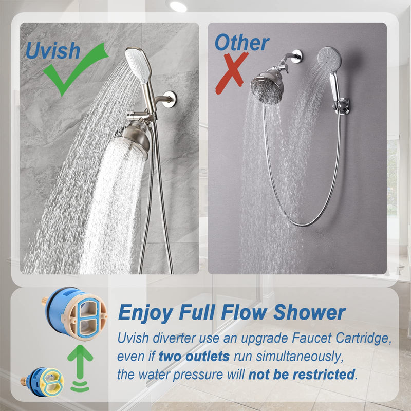 3 Way Shower Diverter Valve with Hand Shower Holder, G1/2 Shower Head Splitter, Shower Arm Diverter, Bathroom Universal Shower System Replacement Part (Brushed) Brushed