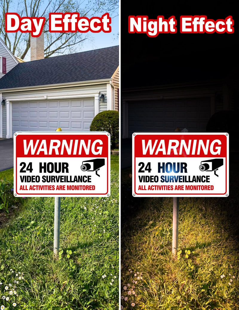 Video Surveillance Sign, 4-Pack 12"x 8" Security Camera Sign, Reflective and Waterproof Material 24 Hour Surveillance Sign For Home/Business sing-02-Red 4 Packs