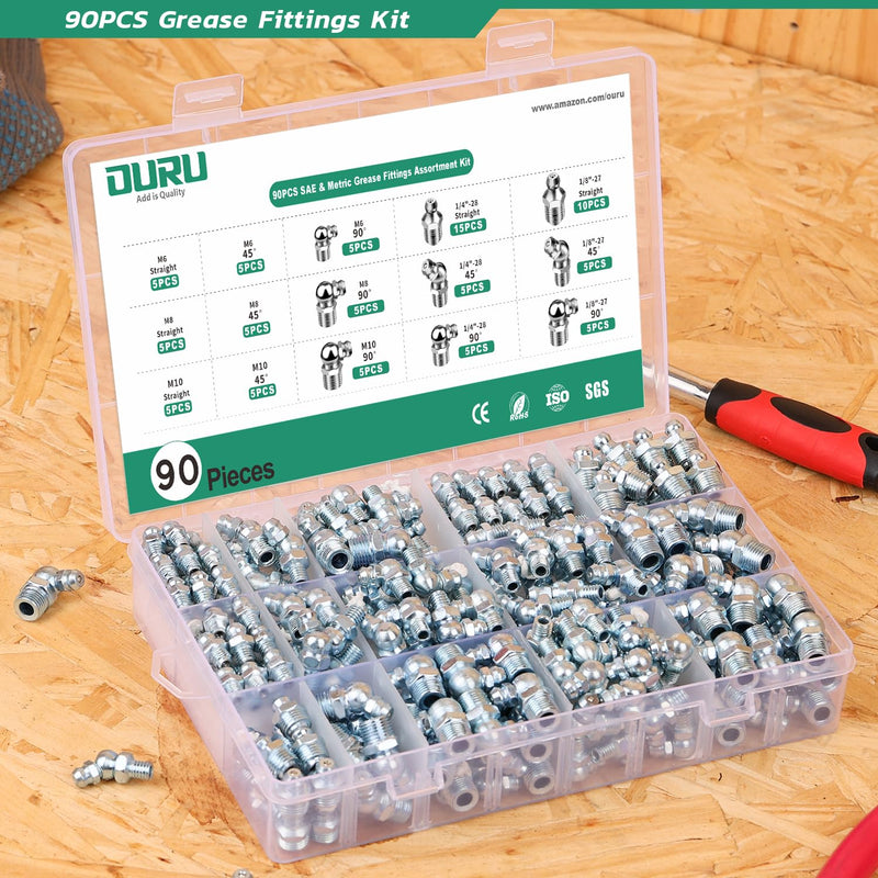 90PCS SAE & Metric Grease Fittings Assortment,Zerk Grease Fittings Kit NPT 1/4" 1/8" M6 M8 M10 Straight 45 90 Degree Grease Gun Fittings 90PCS KIT-SAE & METRIC