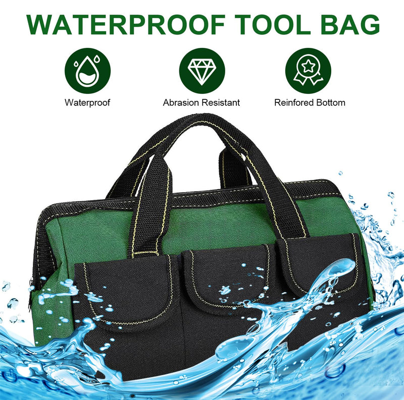 Rugged 16-Inch Wide Mouth Tool Bag for Professionals, Waterproof and Durable. Great for Construction Electricians Carpentry and DIY Enthusiasts, Green