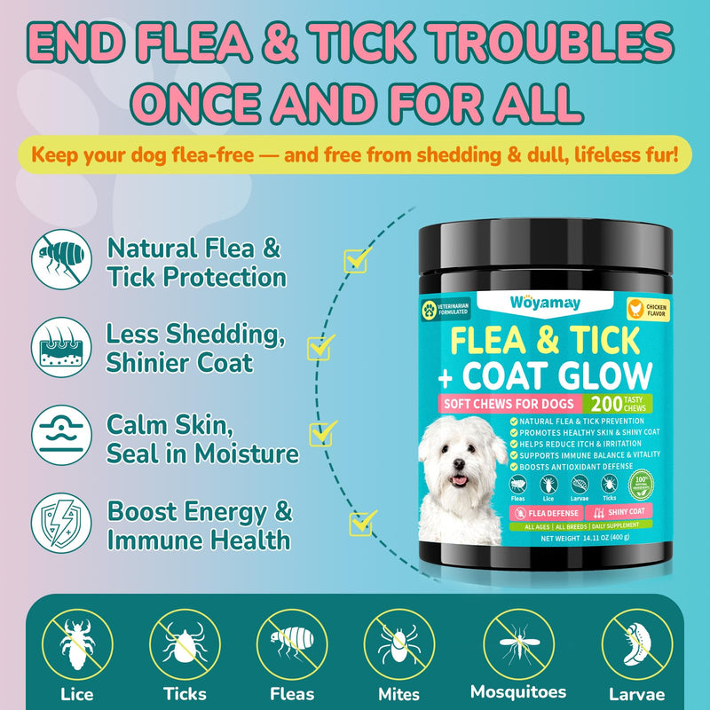 Flea + Coat Glow Soft Chews, Flea and Tick Prevention for Dogs, Dog Flea and Tick Treatment Chewable, Reduces Itch & Shedding with Fish Oil & Neem, 400 Chewables for All Breeds & Sizes
