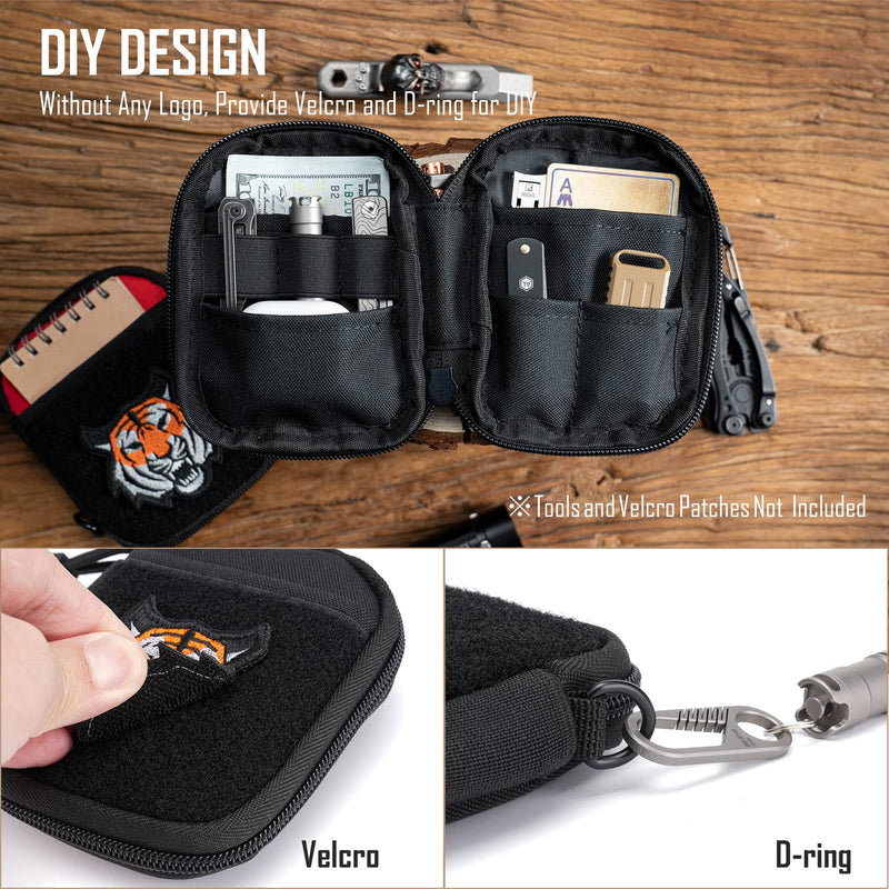 EDC Pouch, Pocket Organizer, Mighty Pouch for Men, EDC Bags with Patches, Small Tool Pouch with D-Ring, Elastic Organizers Utility Pouch for Multitools, Nylon Compact Organizer black