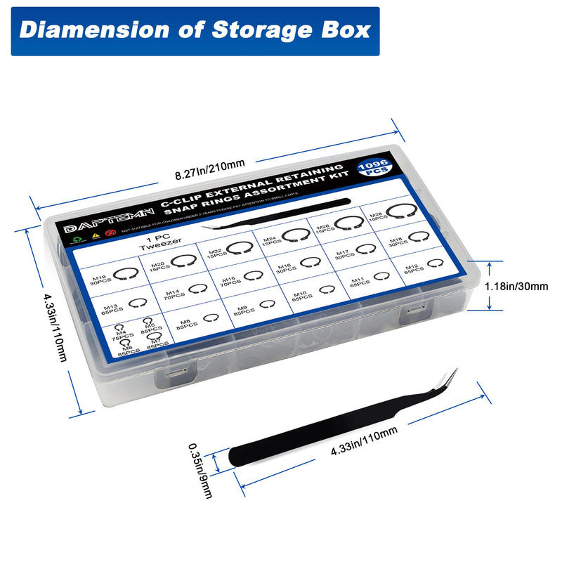 External Retaining Rings Assortment Kit, 1095 PCS Circlip Snap Retaining C-Clips Black Alloy Steel Rings and 1 PC Tweezers, Includes Sizes of M4-M28 1096pcs C-clip