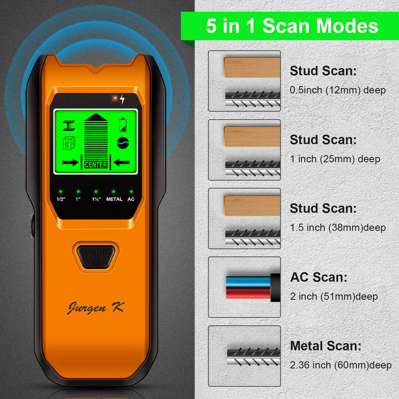 Stud Finder Wall Scanner, 5 in 1 Multifunction Stud Locator with Upgraded Smart Sensor, HD LCD Display and Audio Alarm for The Center & Edge of Metal, Studs, AC Wire, and Pipe Detection (Tangerine)