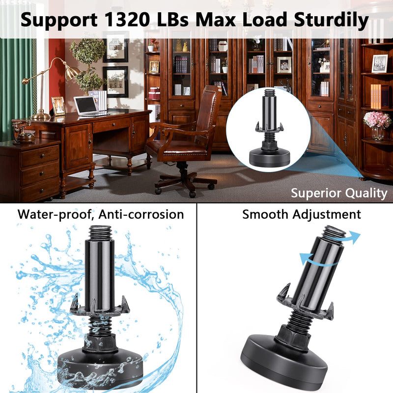 Heavy Duty Furniture Leveling Feet M10 Thread Furniture Levelers Adjustable Furniture Feet w/ T-nut Kit Table Levelers for Cabinet Workbench Chair Sofa and More,Large Base Supports 1320LBs-4 Packs 4 Packs Black