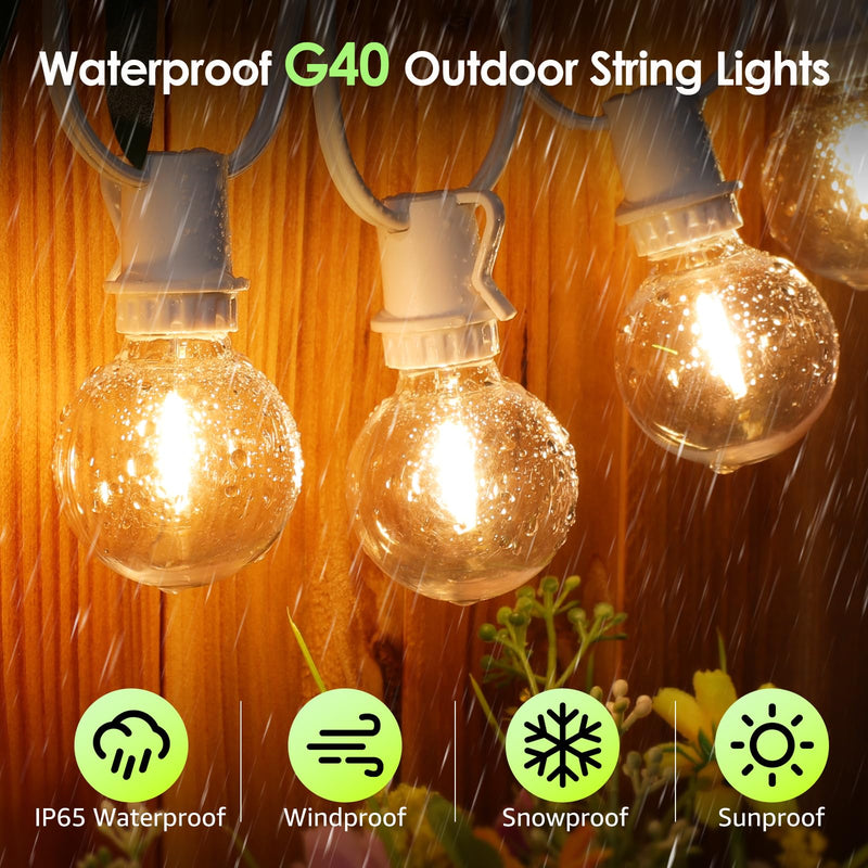 Mlambert 48Ft Solar String Lights, Outdoor Waterproof Patio Lights with 18 Shatterproof G40 Bulbs(1 Spare), Led Light for Backyard-White Wire 1 White