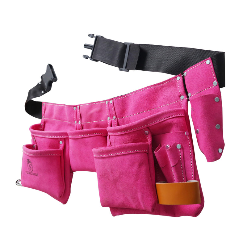 POCKETWISE Women's Tool Belt, 11 Pockets, Pink Leather, Adjustable Work Apron