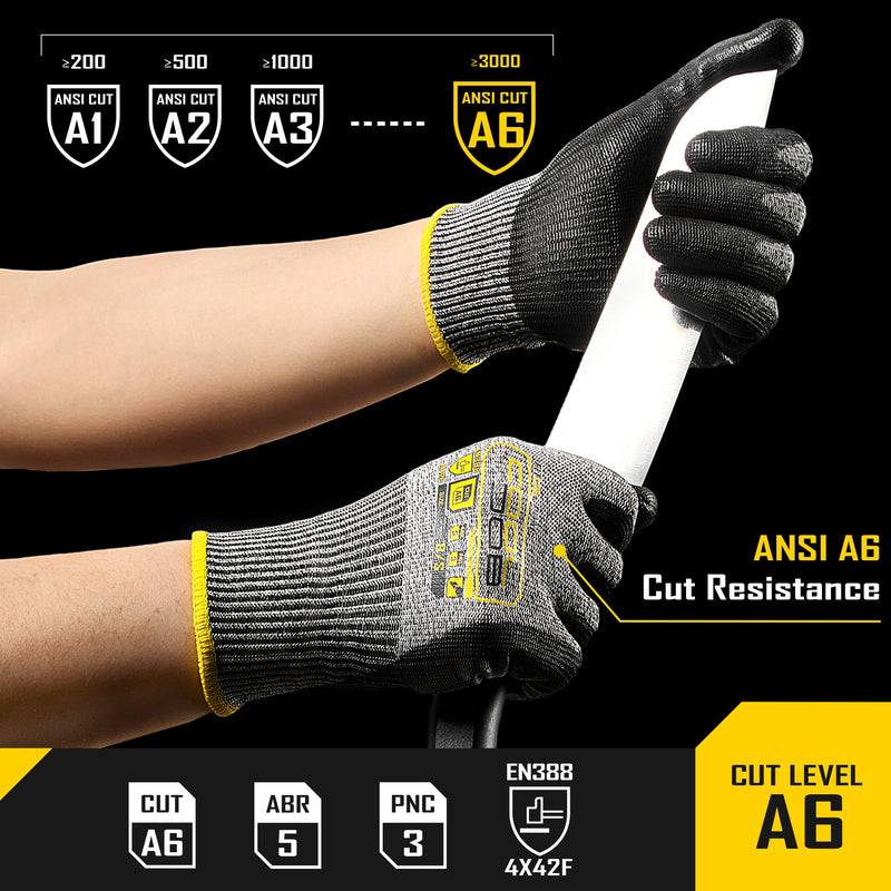 COOLJOB 12/120 Pairs Cut Resistant Safety Work Gloves with Grip, 13 Gauge Seamless Shell with PU Coating, ANSI A2 A4 A6, Gray Large (Pack of 12) Ansi A6 Cut Level
