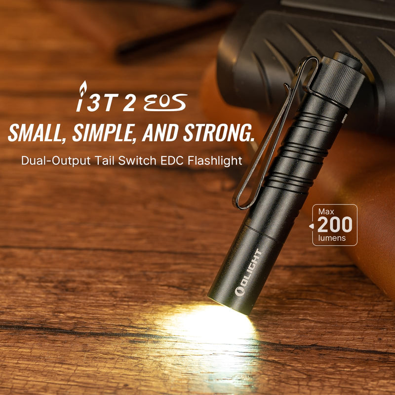 OLIGHT I3T 2 EOS Pocket EDC Flashlight, 200 Lumens Compact Bright Handheld Flash Lights, Dual-Output Tail Switch with AAA Battery and Two-Way Pocket Clip for Camping and Hiking (Black) Standard Edition Black