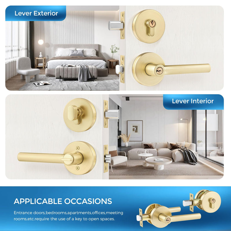 Leydebong 1 Pack Gold Heavy Duty Entrance Lever Door Handle (for Office and Front Door) Reversible for Right and Left Side Single Keyed Square Deadbolt Lock Set, Finish in Satin Brass Single Keyed Deadbolt Lockset (Keyed Alike)