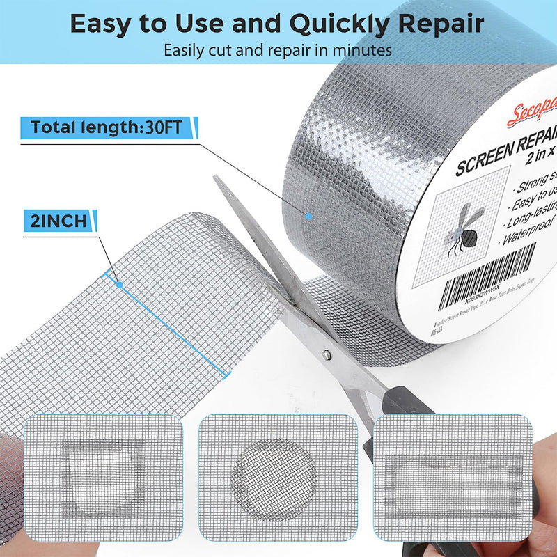 Grey Window Screen Repair Tape, 2IN X 30FT (360IN) Screen Repair Kit for Windows or Doors, Strong Adhesive Fiberglass Mesh Patch Tape