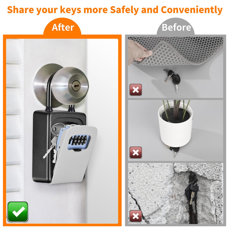 Portable Key Lock Box, Upgrade Clearly Visible Numbers, Lock Box Wall Mounted for House Key, 5 Key Capacity, Weatherproof Resettable Code (1 Pack, Gray) 1 pack