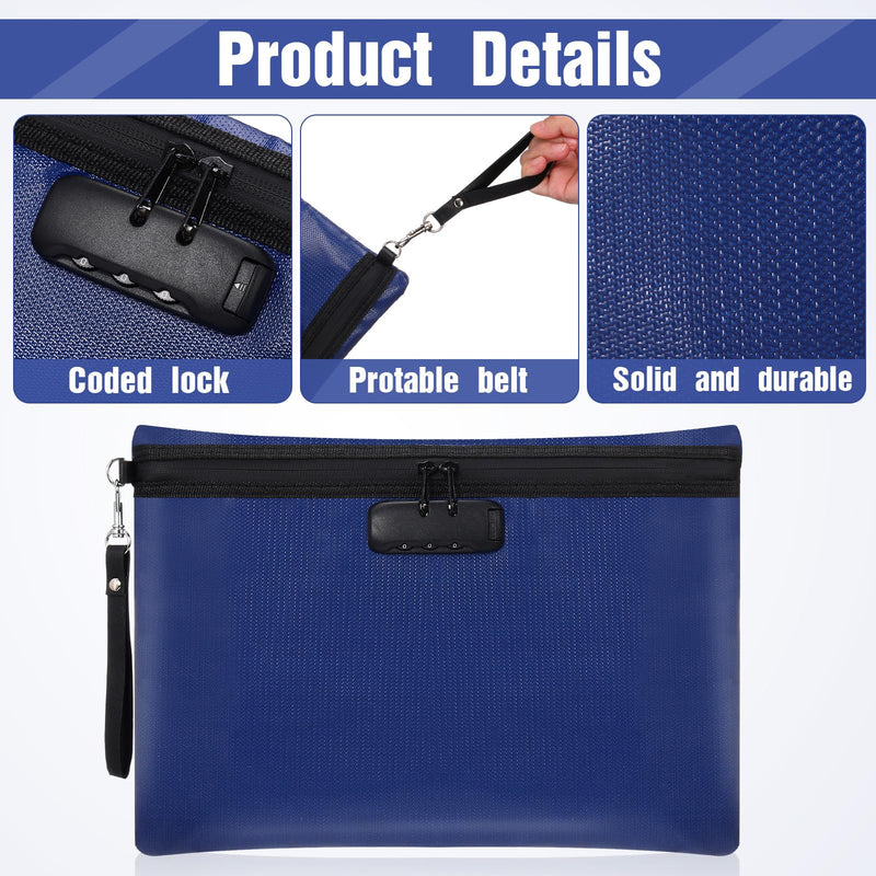 Nezyo Fireproof Safe Money Document Bag with Lock 2 Pcs Notary Journal Waterproof Bag with Zipper for A4 Storage Pouch File Passport Tablet, 14 x 10 Inch and 6.7 x 10 Inch(Blue) Blue