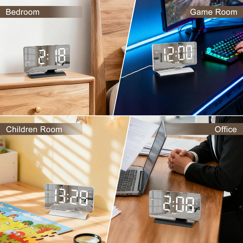 SZELAM Digital Clock,Alarm Clock Bedside,7.3'' Large LED Mirror with Date Display,Dual Alarm with 3 Mode,Brightnee Adjust,DST,Snooze Function,USB C Charging Port,5 Levels Volume for Desk Bedroom Teens Black