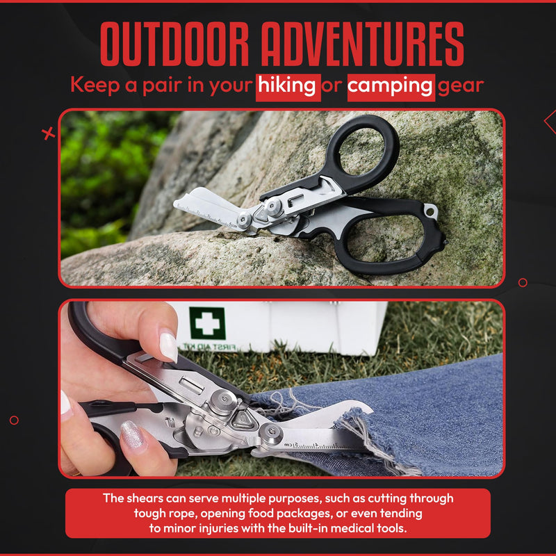 6 in 1 Multipurpose Emergency Trauma Shears Scissors with Holster , Outdoor Camping Rescue Tools with Glass Breaker , Strap Cutter Stainless Steel Foldable Scissors Pliers Black