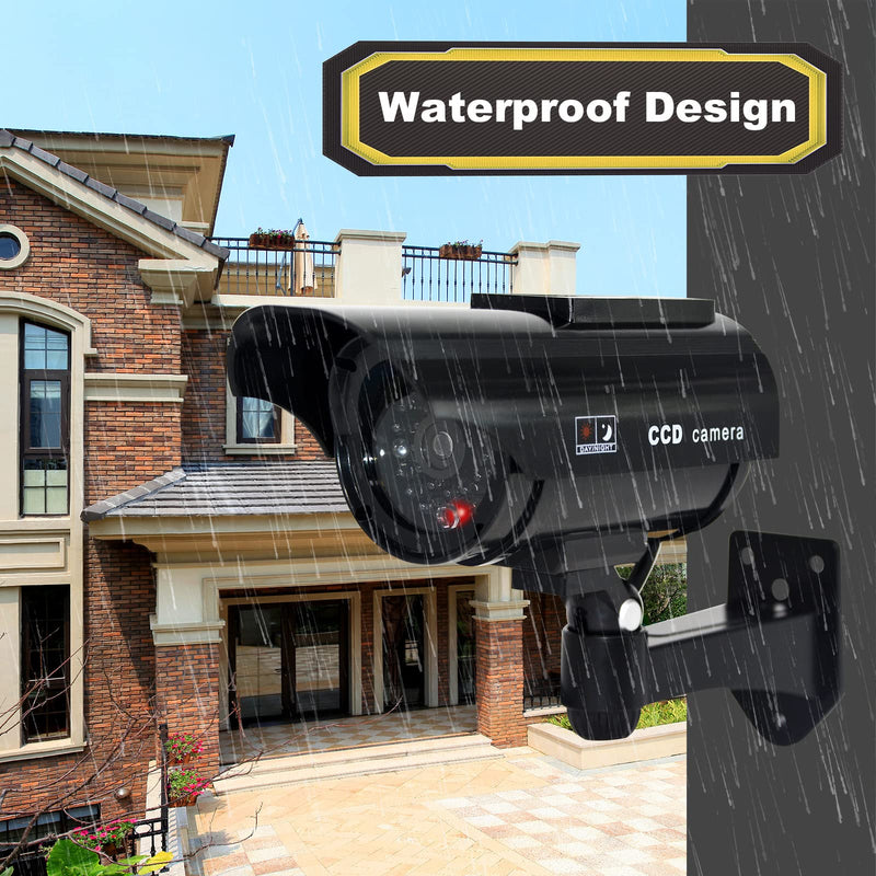 F FINDERS&CO Solar Powered Fake Security Camera, Bullet Dummy Security Camera Surveillance System with Realistic Red Flashing Lights Indoor Outdoor (4 Black)