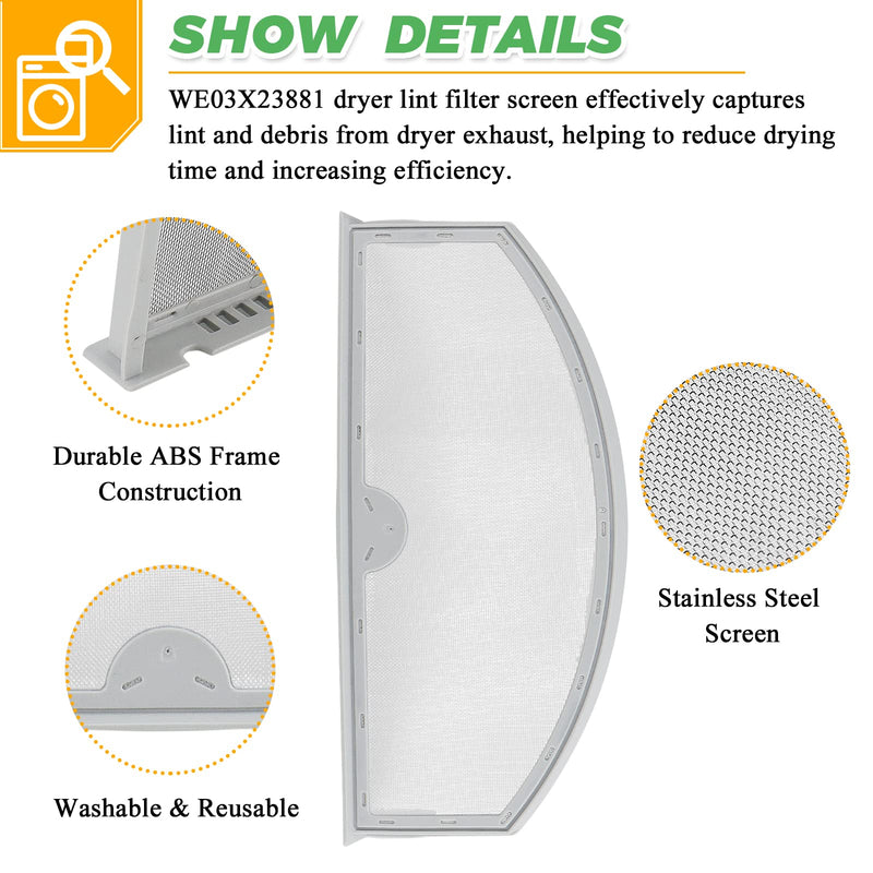 GTD42EASJ2WW GTD33EASK0WW GTX22EASK0WW GTD65GBSJ3WS WE03X23881 Dryer Lint Filter with Cleaner Brush Fit for GE Hotpoint Dryer Filter Replacement WE03X23881 Stainless Steel Dryer Lint Screen Filter