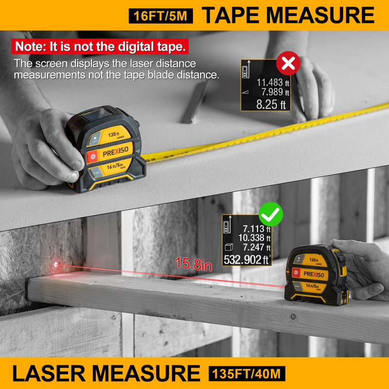 PREXISO 2-in-1 Laser Tape Measure - NOT DIGITAL TAPE - 135Ft Rechargeable Laser Measurement Tool & 16Ft Measuring Tape Movable Magnetic Hook - Pythagorean, Area, Volume, Ft/Ft+in/in/M Unit-NOT Digital
