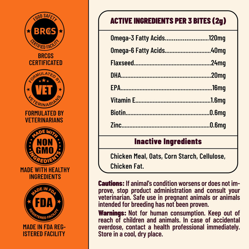7.76 oz Skin & Coat Bites for Dogs - with Omega 3 from Salmon Oil for Dogs, Flaxseed, Vitamin E & Biotin - Skin and Coat Supplement for Itching Skin Relief - Dog Vitamins and Supplements