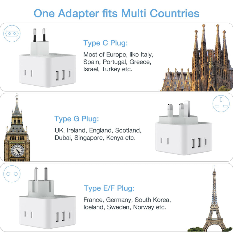 TESSAN All European UK Travel Plug Adapter Kit, International Detachable Converter with 3 Outlet 3 USB Charger (1 USB C), Type C/G/E/F EU Ireland Power Adaptor, US to Europe Italy Spain France Greece White/Grey