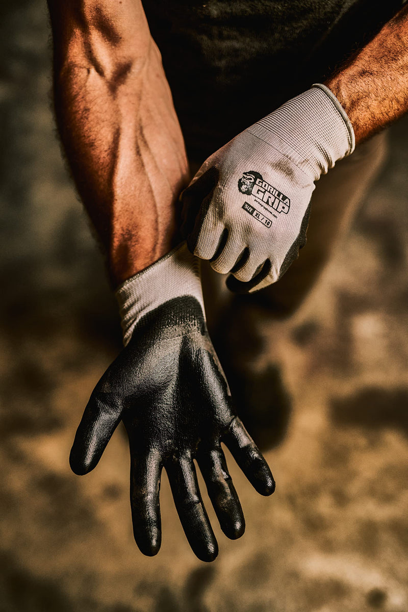 Gorilla Grip Work Gloves, Never Slip Maximum Grip All-Purpose, Gloves for Men, Superior Grip, Polymer Palm 25 Pairs Large