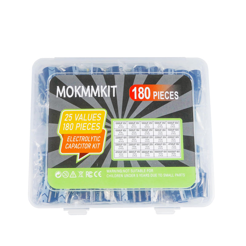 25 Values Aluminum Electrolytic Capacitor Kit 1000uF-10000uF | 180 Pieces, 1000uF 1500uF 2200uF 3300uF 4700uF 6800uF 10000uF, 10V 16V 25V 35V 50V, Large-Capacity Capacitors Assortment Set 1000uF-10000uF 180pcs