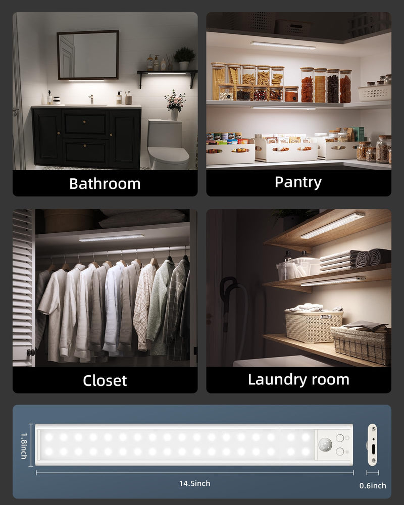 14.5inch Under Cabinet Lights, Wireless Closet Light, Motion Sensor, 3500mAh Rechargeable Battery, Magnetic, 3 Color Temps, 5 Levels Dimmable, Under Counter Lights for Kitchen (2 Pack) 14.5inch 3 Color Light