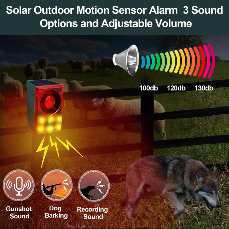 Qualirey 2 Pcs Solar Outdoor Motion Sensor Alarm Animal Deterrent Gunshot Sound Dog Barking 130db Loud Noise Maker 3 Modes with USB Remote Control, Support Recording and Volume Adjustment (Red) Red