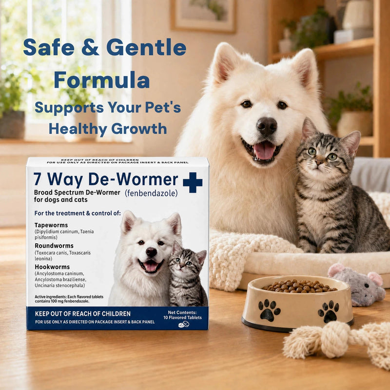 7 Way Fenbendazole Dewormer Tablets for Cats & Dogs – Treats Tapeworms, Roundworms & Hookworms – 10 Tablets per Box – 3-Day Required Treatment – Safe for Pets 6 Weeks