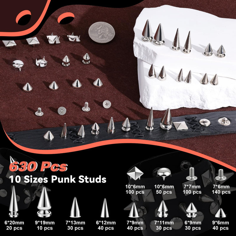 630 Pcs Punk Studs for Clothing, 10 Sizes Cone Spikes for Clothes, Square & Round Dome Pyramid Studs and Spikes, Leather Rivets Metal Spike for Crafts Bags Belts Shoes Caps Necklace Decor with Tools 01 630 Pcs Multi Sizes Silver Studs