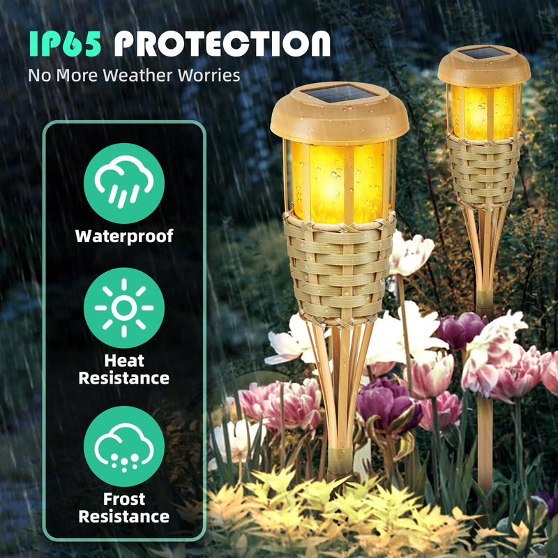 Flickering Flames Solar Powered Lights - Upgraded Solar Torches Waterproof Outdoor Decorative Lighting Auto On/Off, Handmade Bamboo Finish, 2-Pack Classic Yellow-2 Pack