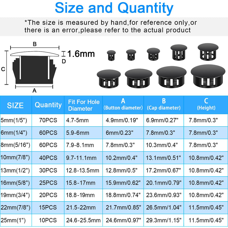 200Pcs Black Nylon Hole Plug Set (9 Sizes: 1", 7/8", 3/4", 5/8", 1/2", 3/8", 5/16", 1/4", 1/5") - Plastic Hole Plugs, Assorted Sizes, Precision Fit End Caps for Cabinets & Furniture, Screw Hole Plugs