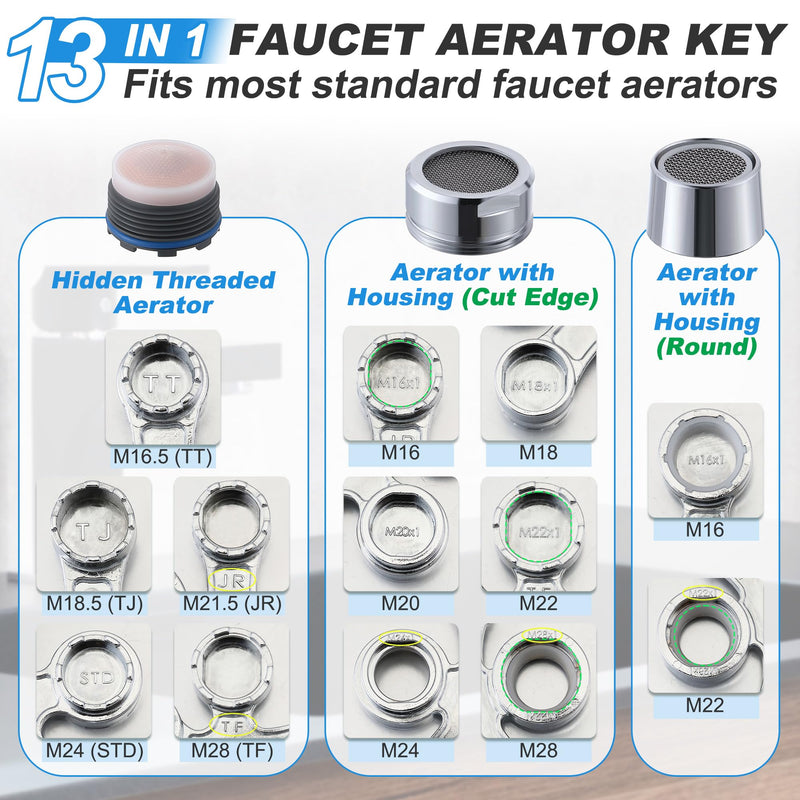 Enhon 13 in 1 Faucet Aerator Removal Tool, Metal Aerator Key Wrench for Hidden Threaded Aerator TF, TJ, TT, JR, STD and Cut Side/Round Aerator with Housing M16 M18 M20 M22 M24 M28 (Polished Chrome) Polished Chrome