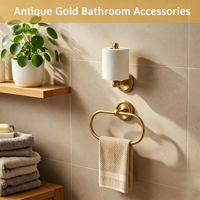 2-Piece Antique Brass Toilet Paper Holder & Towel Ring Set | Vintage Elegant Wall Mounted Retro Bathroom Hardware Tissue Roll Paper Hanger Bathroom Accessories