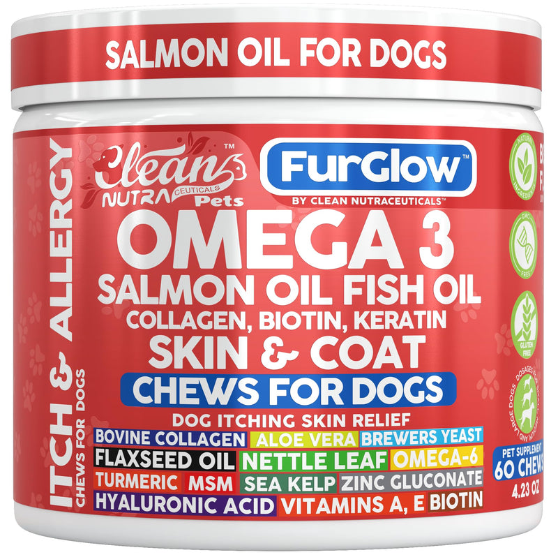 FurGlow Skin and Coat Supplement for Dogs Salmon Oil Omega 3 Fish Oil Turmeric Collagen Aloe Vera Flaxseed Oil Hyaluronic Acid Biotin Keratin Aloe Vera Allergy Relief Beef Flavor | Clean Nutra Pets