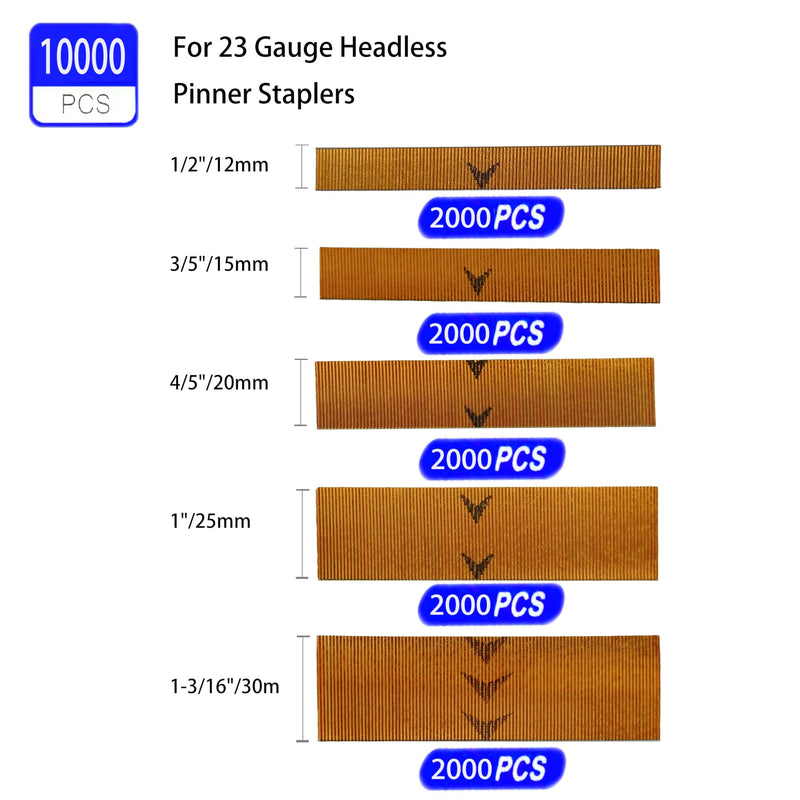 23 Gauge Pin Nails Headless Pinner Nails 10000 Pieces 5 Sizes, 1/2 ",3/5 ",4/5 ",1 ",1-3/16 ", for Multilayer Board, particleboard, Soft Hardwood, Woodworking and Other DIY