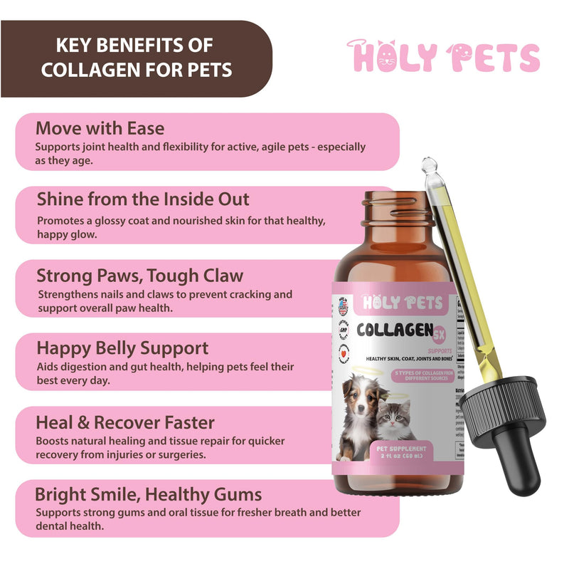 Premium Grass-Fed Liquid Collagen for Dogs & Cats – 5 Types I, II, III, V, X – Joint, Skin & Coat Support – Hyaluronic Acid – Hydrolyzed Bovine, Fish & Chicken Collagen – 2oz, 30 Servings