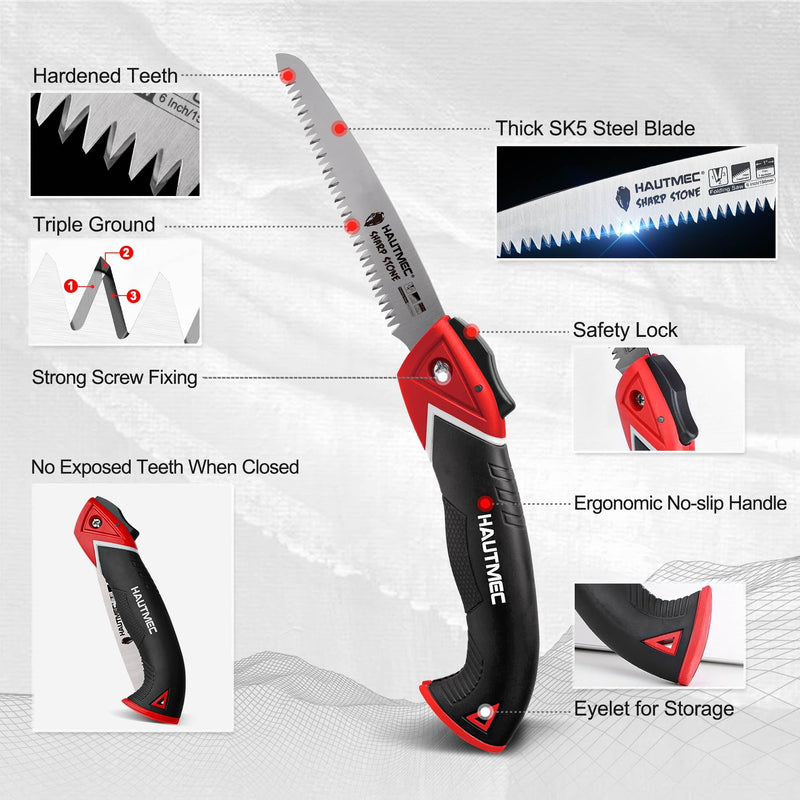 HAUTMEC 6" Folding Saw Pruning Saw, Pro Folding Saw of Sharp Stone Serie, SK5 Foldable Blade Triple-cut Teeth, for Wood Cutting, Garden Camping, Landscaping, Tree Trimming HT0303 6 inches for sprigs
