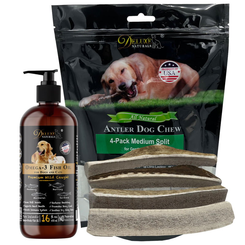 4 Medium Split Elk Antler Dog Chews and Omega 3 Fish Oil Bundle for Dogs Supporting Chewing Coat and Joint Health