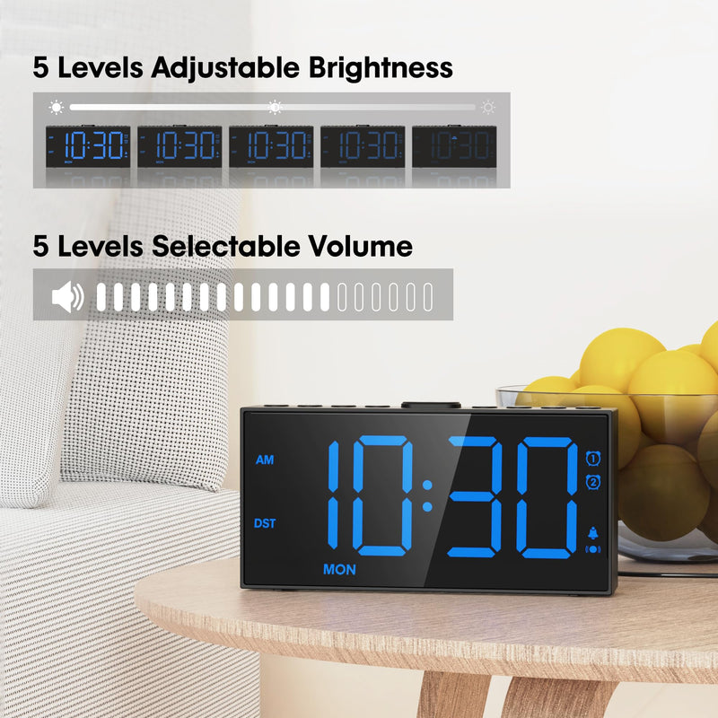 Mesqool Loud Alarm Clock for Heavy Sleeper, with Vibration for Hearing Impaired Deaf, Annoying Clock for Bedroom,USB Port,Dual Alarm with Snooze Blue Digits in Boldface