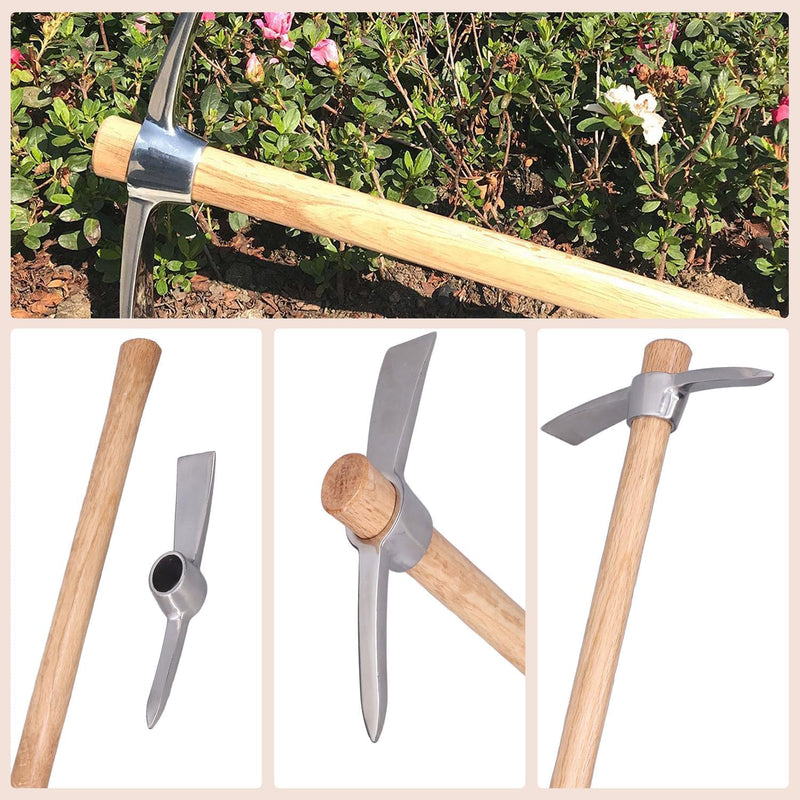 15.7in Hand Cultivator & Hoe Tool - Dual Head Stainless Steel Garden Pickaxe for Weeding, Digging, Planting - Ergonomic Wooden Handle for Farming, Landscaping, Bonsai Care