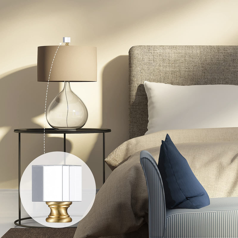 2 Pieces Cube Crystal Lamp Finial Clear Square Lamp Finial Cap Knob Top Knob Lamp Finial with Chromed Base for Lamp Shade Lamp Decoration, 1-4/5 Inches Tall (Clear, Gold) Clear, Gold