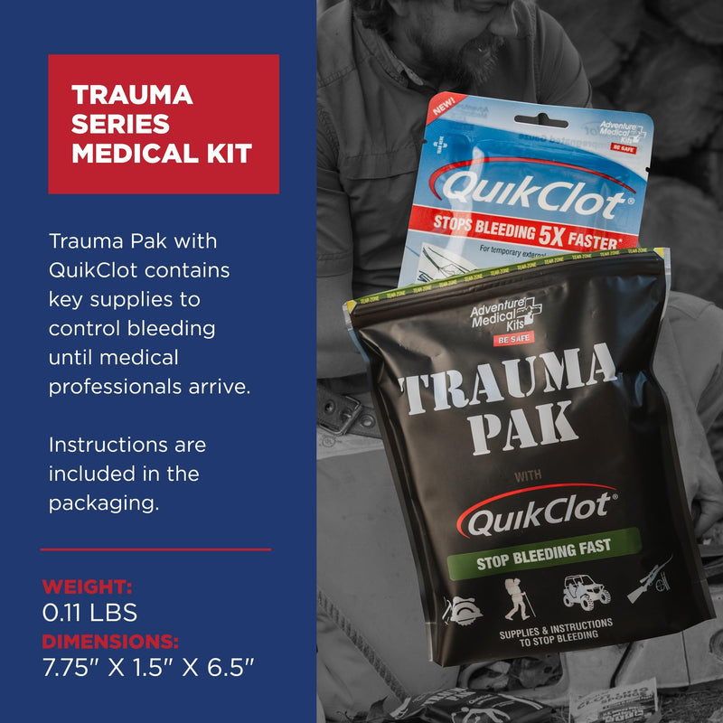 Adventure Medical Kits Trauma Pak with QuikClot & QuikClot Gauze 3" x 2’ - Medical Kit with Gloves, Gauze, Dressing & More - First Aid Kit Includes QuikClot Dressing - Supplies for Wound Care