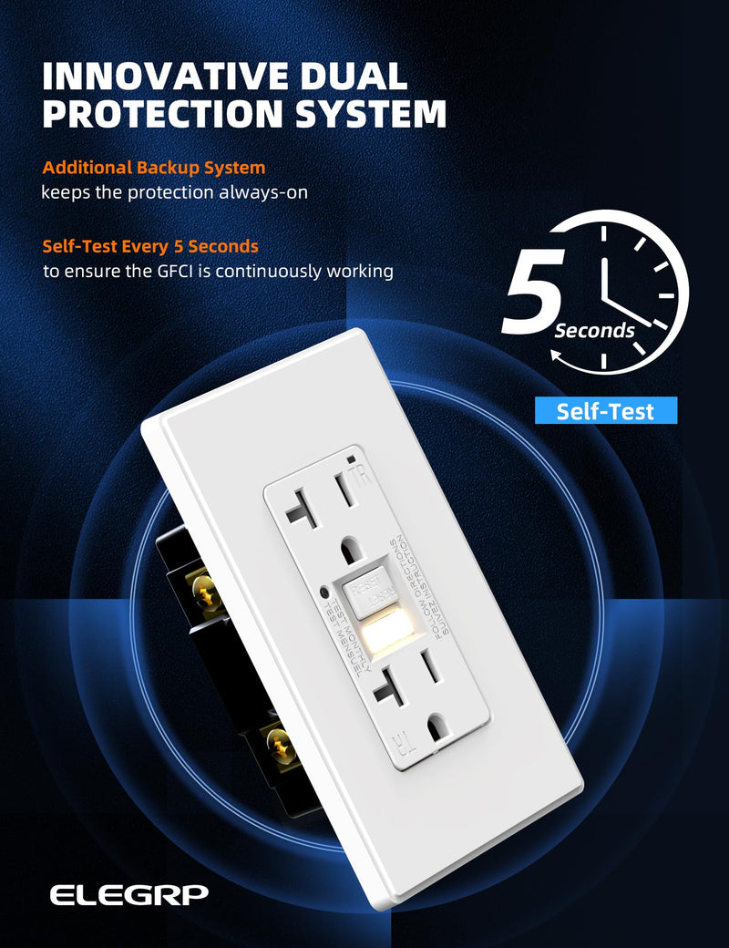 ELEGRP GFCI Outlet w/Nightlight, 20 Amp Self-Test GFI Electrical Outlet, Thinner Design, Tamper Resistant GFCI Receptacle, Ground Fault Receptacle w/Wall Plate, UL Listed, Matte White, 1 Pack 20 Amp Outlet